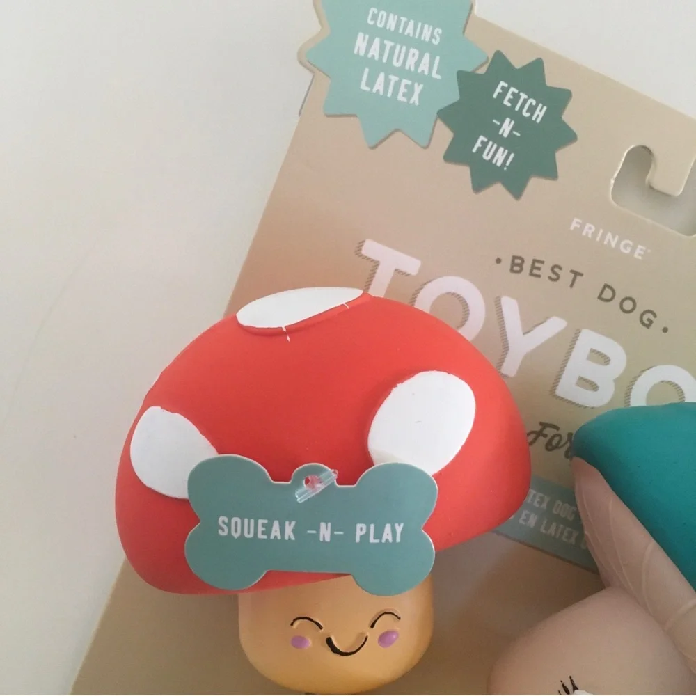 Dog Toys Latex Squeakers Red Yellow Blue Mushrooms “Time to Forage” NEW | Fringe
